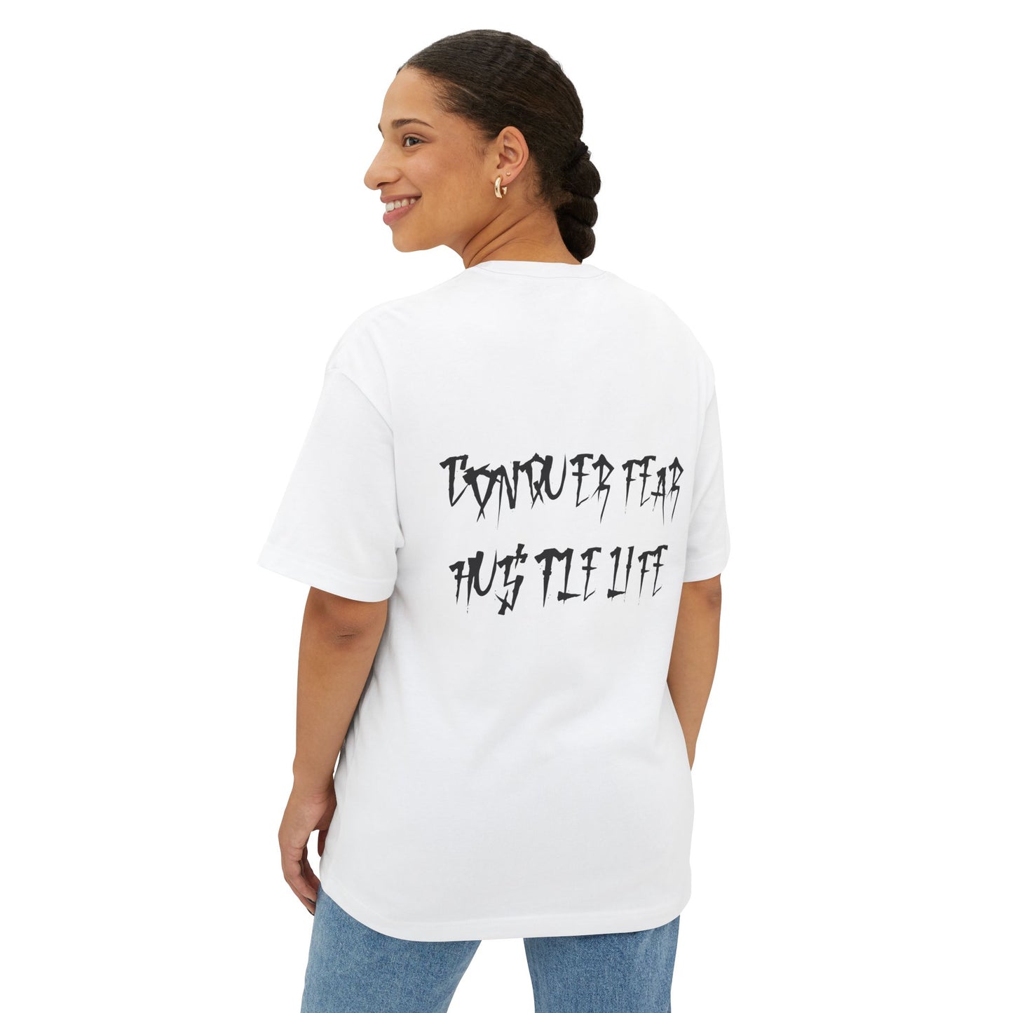 Graphic Boxy Tee — 'Conquer Fear, Bust the Lies' Gothic Logo