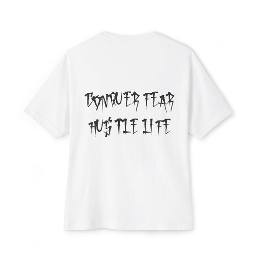 Graphic Boxy Tee — 'Conquer Fear, Bust the Lies' Gothic Logo